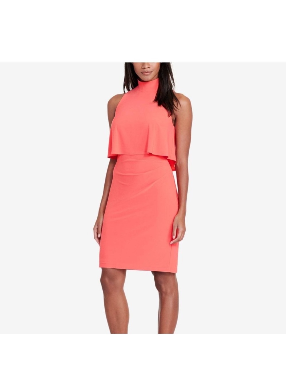 Ralph Lauren Coral One-Shoulder High-Neck Overlay Sheath Dress